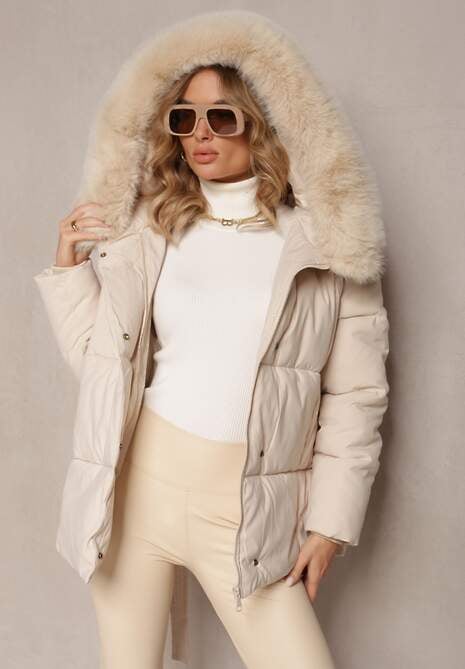 Jasnobeżowa Wiązana Kurtka z Pikowaniem i Kapturem z Futerkiem Elinerra