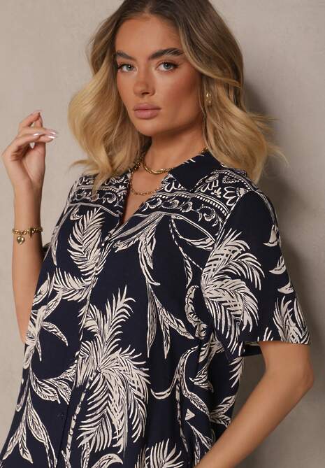 Granatowa Sukienka o Koszulowym Fasonie w Kwiaty z Wiskozy Erathia