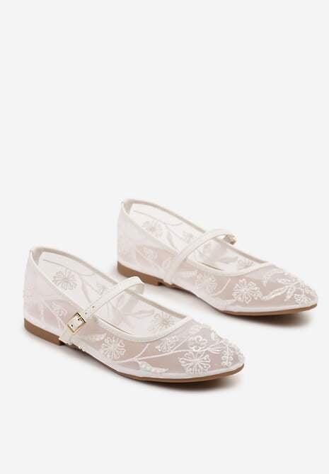 Białe Balerinki Siateczkowe z Haftami i Sprzączką Diviaria