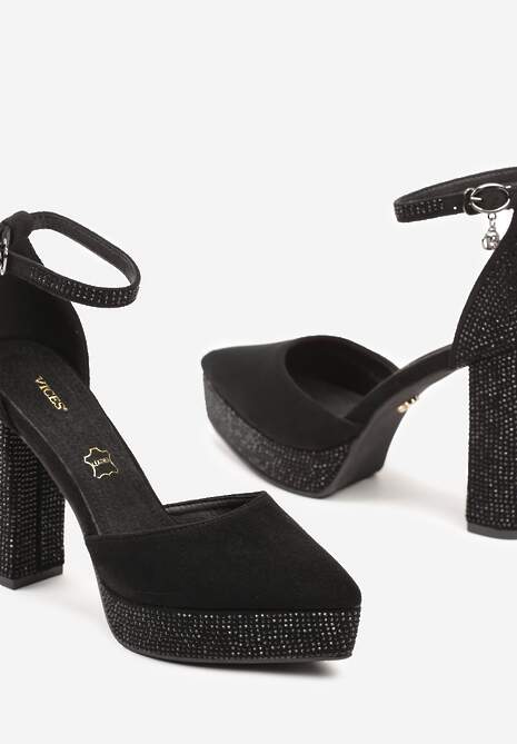 Czarne Czółenka Vices na Cekinowym Słupku z Wkładką ze Skóry Naturalnej i Metaliczną Aplikacją Tinnova