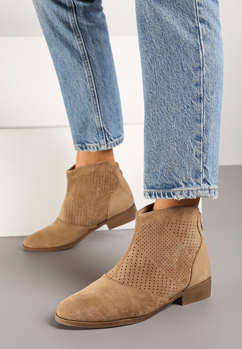 Ciemnobeżowe Botki Vices z Ekozamszu z Ażurową Cholewką Selianae