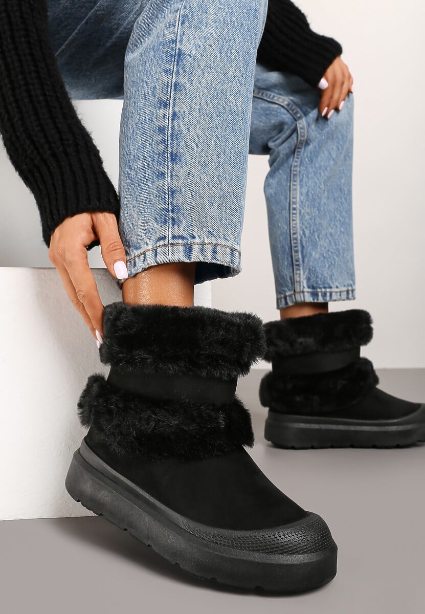 Czarne Śniegowce z Ekozamszu na Grubej Podeszwie z Futrzaną Wyściółką Emmizola