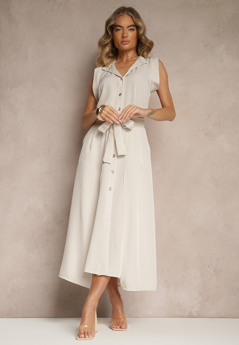 Beżowa Sukienka z Paskiem Koszulowa o Rozkloszowanym Fasonie Mavoselle