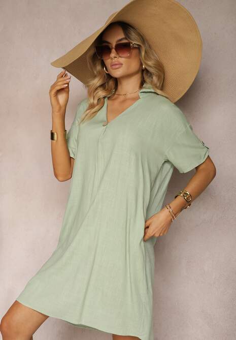 Zielona Bawełniana Sukienka o Pudełkowym Kroju z Rękawami z Regulacją Elonea