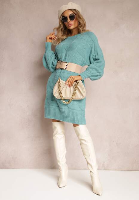 Ciemnozielony Długi Sweter Oversize z Wypukłym Splotem All Over Somet