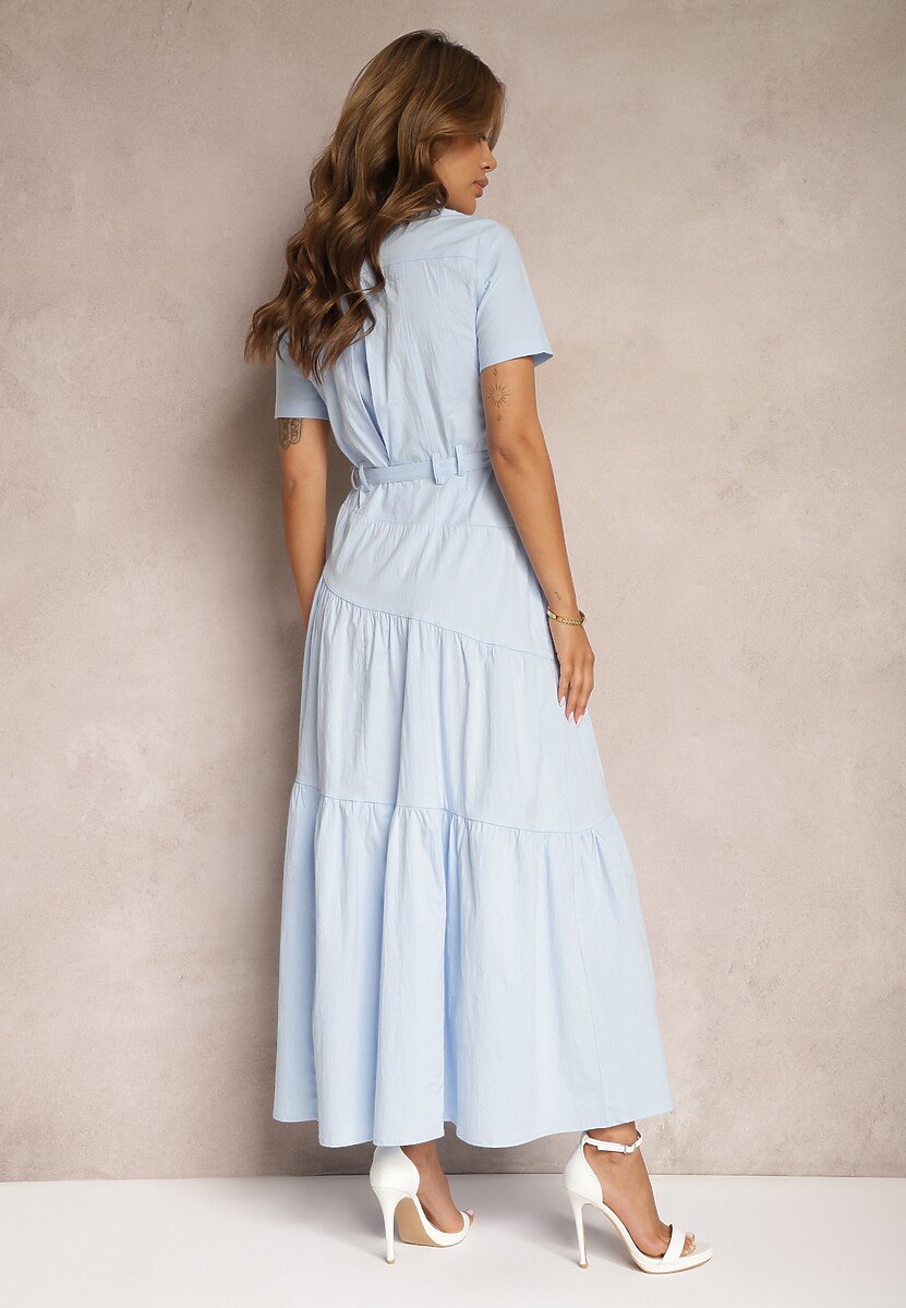 Niebieska Bawełniana Sukienka o Rozkloszowana Zwężana w Talii Nenefia
