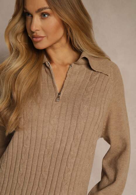 Beżowa Sweterkowa Sukienka z Bawełną i Wełną Ozdobiona Suwakiem Reinda