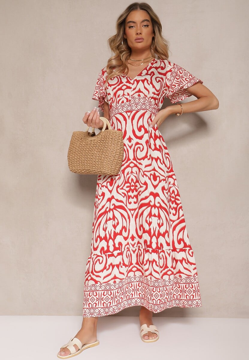 Czerwona Rozkloszowana Sukienka Zdobiona Ornamentalnym Printem Tillinelle