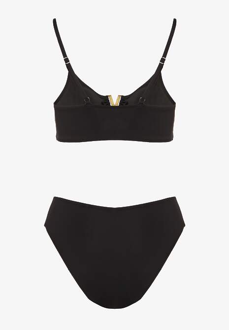Czarne Bikini Majtki Figi i Biustonosz Ozdobiony Metaliczną Aplikacją Kinniela