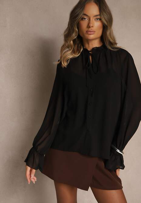 Czarna Siateczkowa Koszula VICES Zdobiona Falbankami i Wiązaniem Zevoria