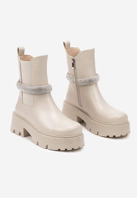 Beżowe Botki Sztyblety na Platformie Ozdobione Paskiem z Cyrkonii Zinlera