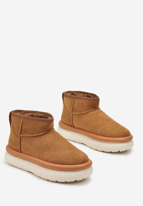 Brązowe Śniegowce Ultra Mini na Grubej Podeszwie z Futerkiem Asemmia