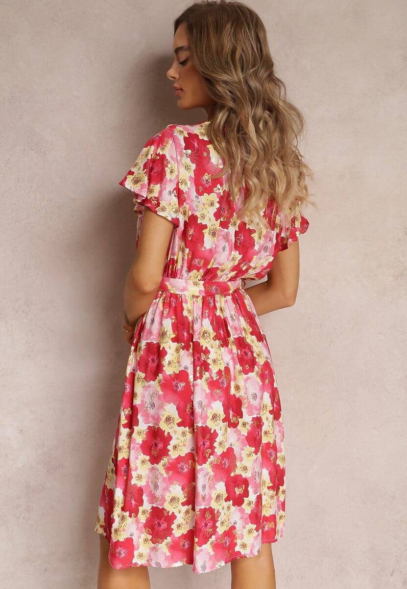 Czerwona Rozkloszowana Sukienka z Kopertowym Dekoltem i Wiązanym Paskiem Kanges