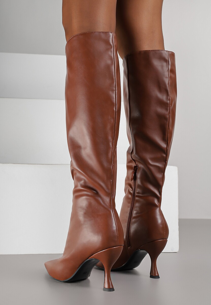 Brązowe Marszczone Kozaki Vices na Obcasie Typu Kaczuszka Miomadia