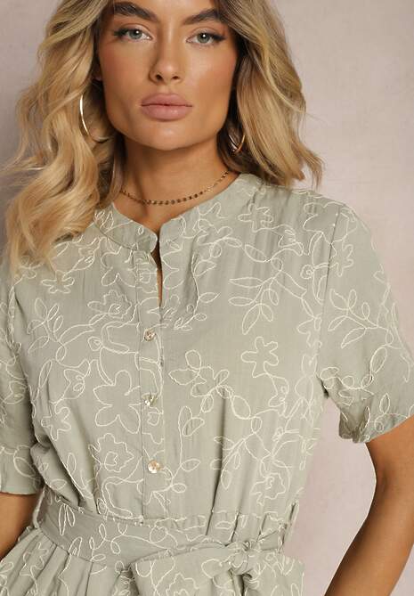 Zielona Sukienka o Rozkloszowanym Fasonie z Paskiem i Wiskozą Risarissa