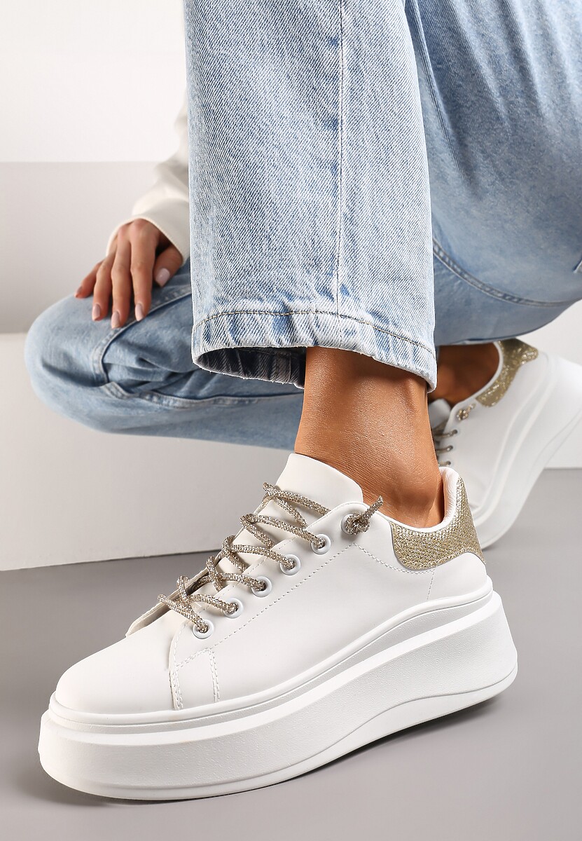 Biało-Czarne Sneakersy z Cyrkoniami na Sznurowadłach i Brokatem Terisla