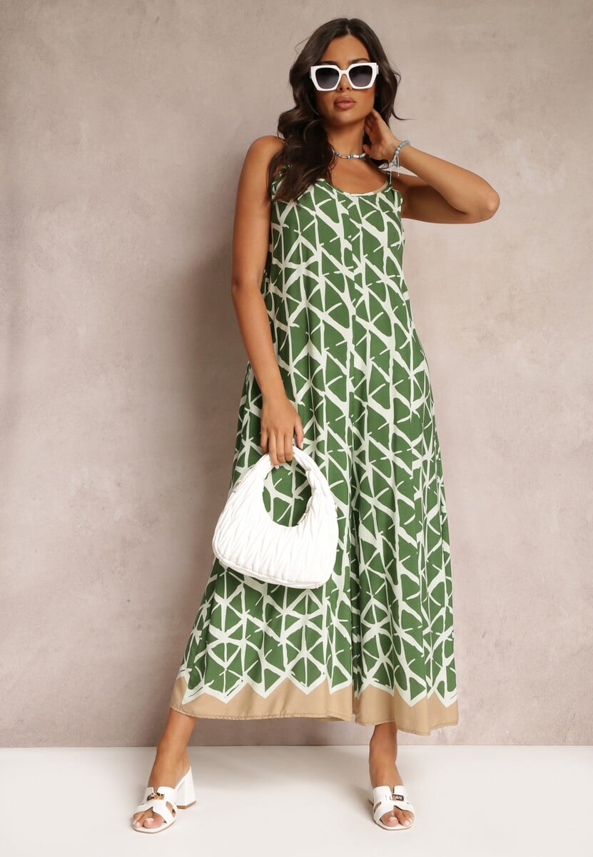 Zielony Wiskozowy Kombinezon w Geometryczne Wzory na Ramiączkach Evera