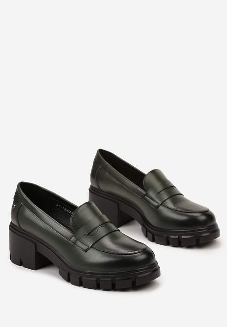 Zielone Półbuty na Słupku z Bieżnikiem ze Skórzaną Wkładką i Przeszyciami Ivirana