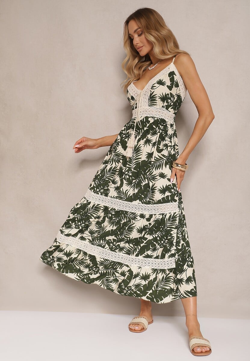 Jasnobeżowa Rozkloszowana Sukienka z Bawełny w Tropikalny Print z Koronką Alulora