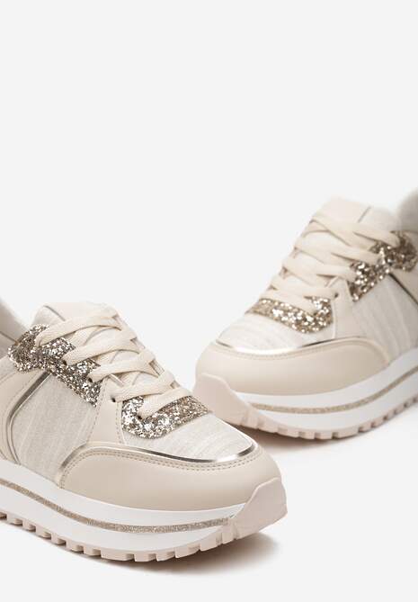Beżowe Sneakersy na Platformie ze Wstawkami z Brokatu Ovilia