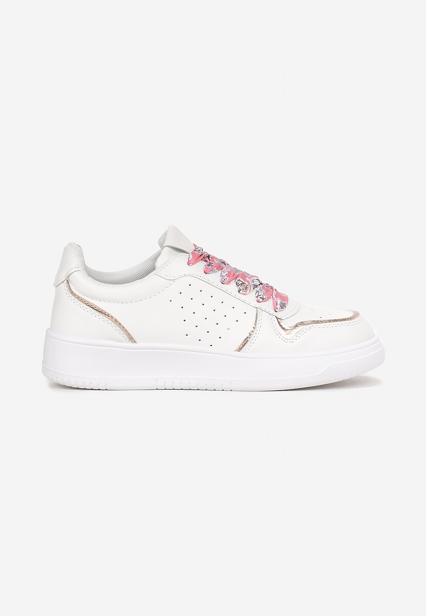 Biało-Szampańskie Sneakersy z Kolorowymi Sznurówkami i Metalicznymi Wstawkami Lania