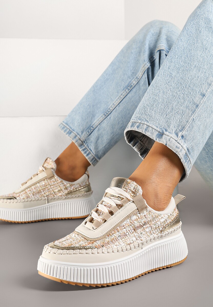 Ciemnobeżowe Sneakersy z Tweedowymi Zdobieniami i Przeszyciami na Platformie Ulandrelia