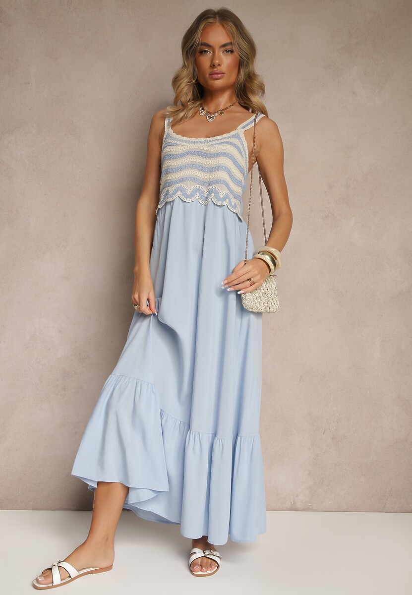 Niebieska Wiskozowa Sukienka z Haftami na Ramiączkach o Rozkloszowanym Kroju Efralisse