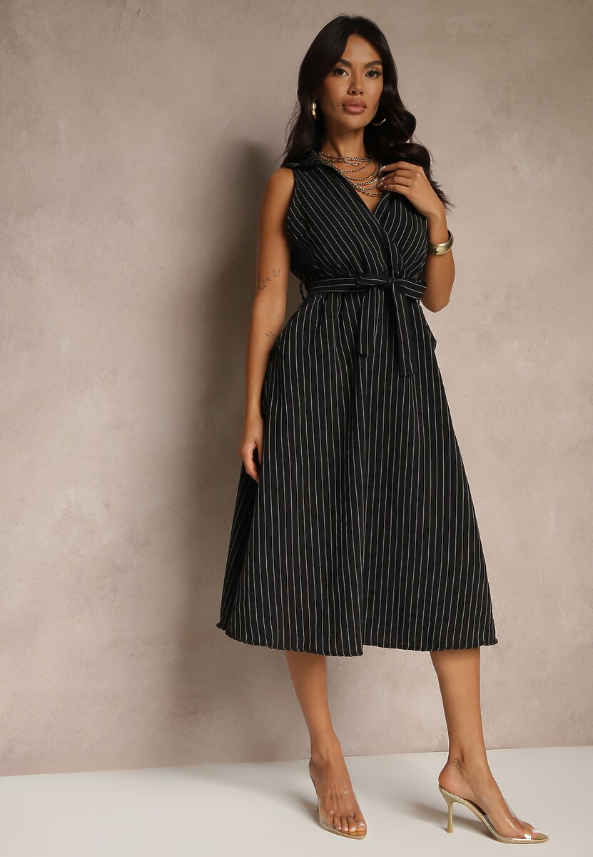 Czarna Koszulowa Sukienka Bez Rękawów z Wiązanym Paskiem Lideene