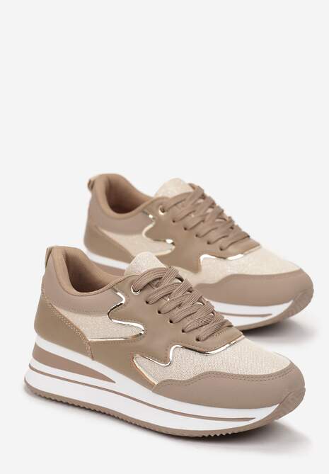 Ciemnobeżowe Sznurowane Sneakersy na Płaskiej Grubej Podeszwie z Brokatem Sincla