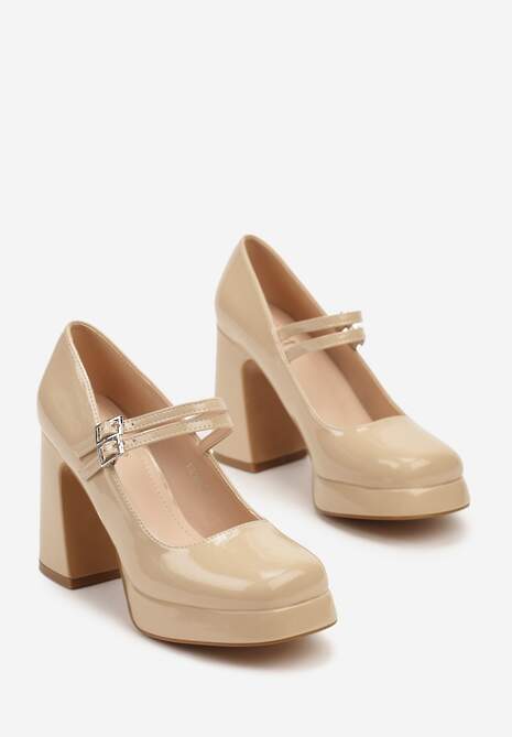 Beżowe Czółenka na Obcasie z Lakierowanym Połyskiem Zdobione Paskami ze Sprzączkami Viathena