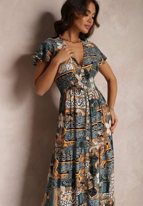 Szara Sukienka z Wiskozy Maxi z Gumką w Pasie Weha