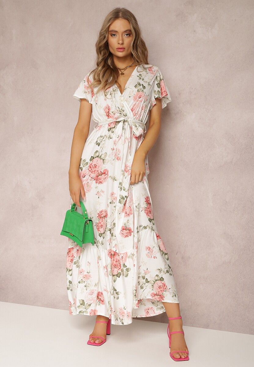 Biała Sukienka w Kwiaty o Kopertowym Kroju z Wiązanym Paskiem Iphene
