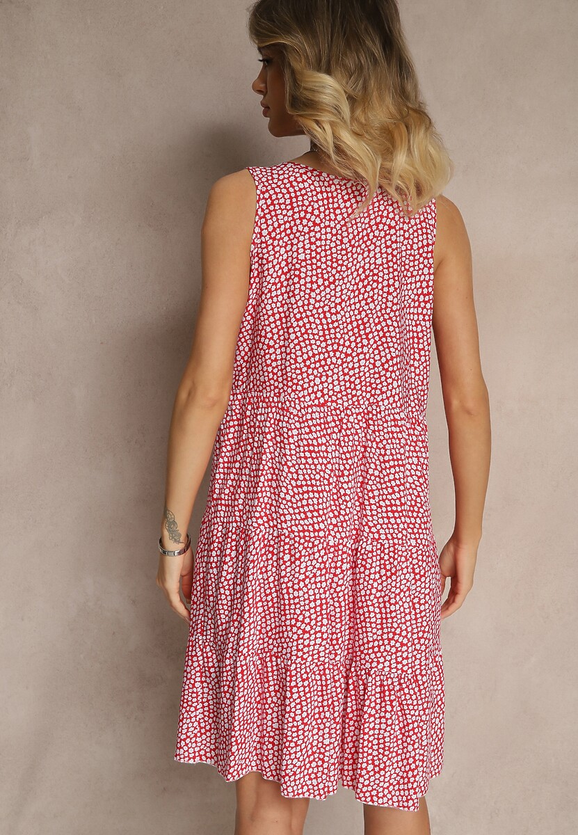 Czerwona Sukienka z Bawełny Ozdobiona Kwiatami i Falbaną Zeloria