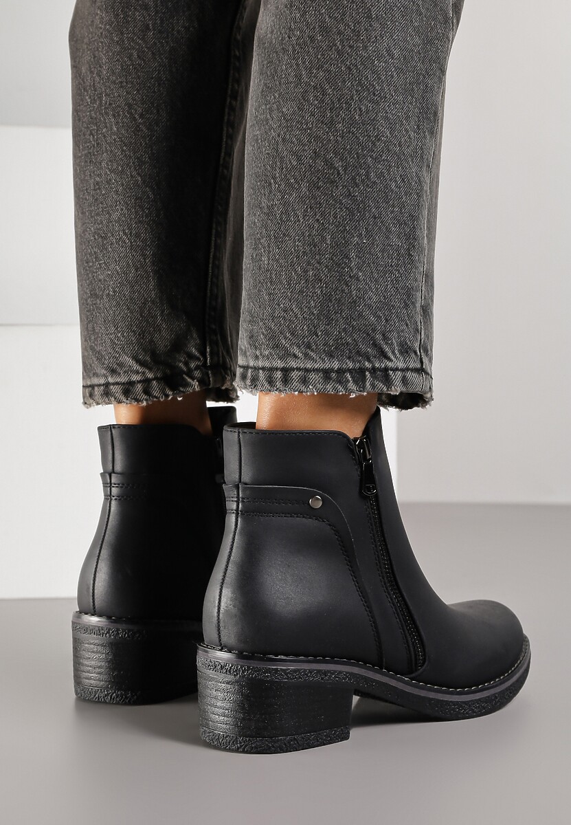 Czarne Botki z Niską Cholewką z Ozdobnym Suwakiem Ilonela