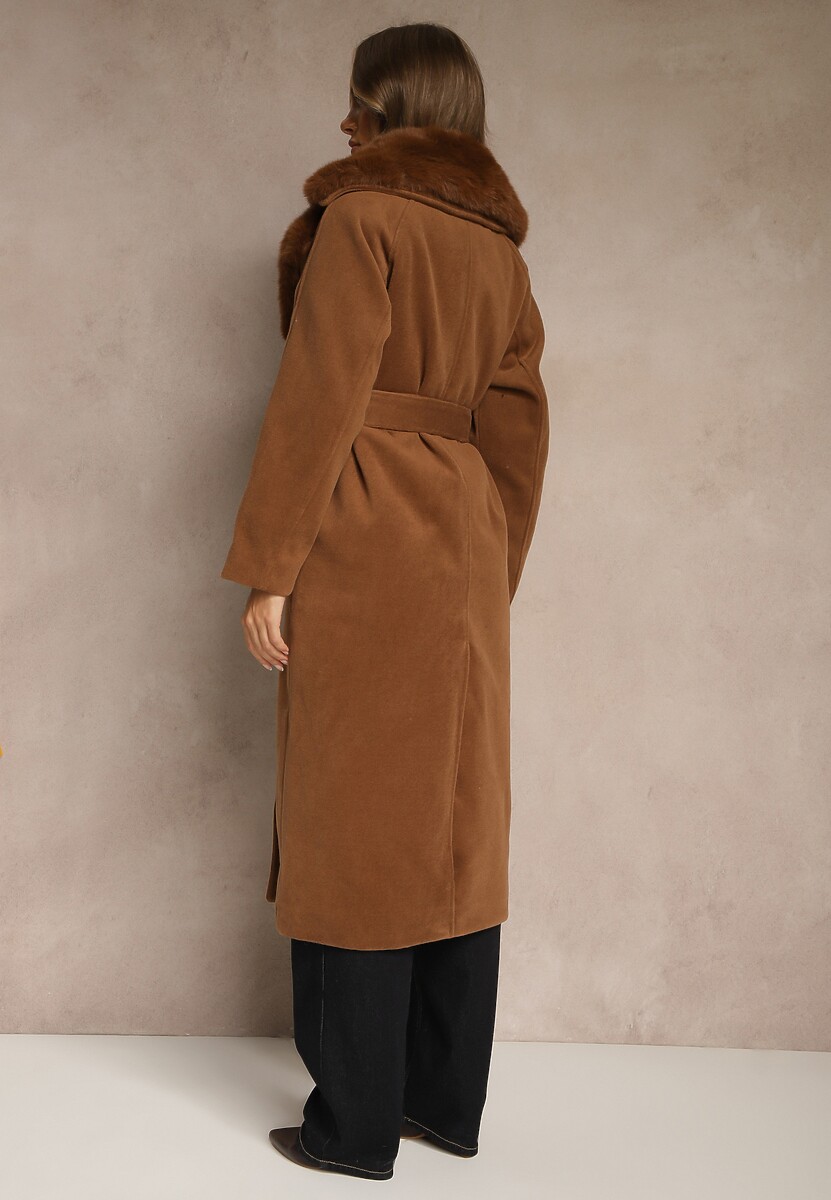 Brązowy Dwurzędowy Płaszcz Elegancki z Futrzanym Kołnierzem i Paskiem Ezanttia