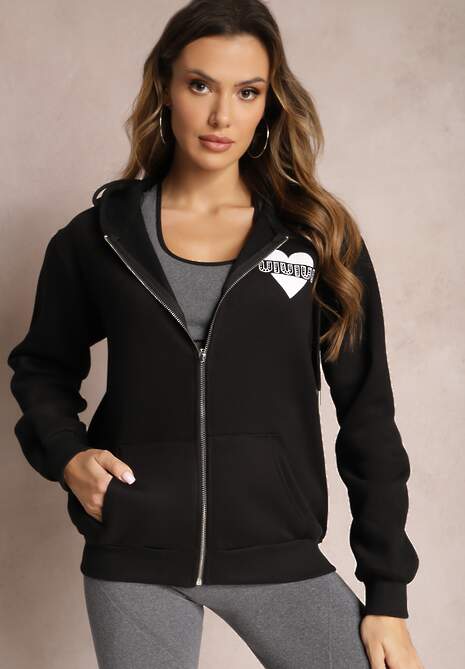 Czarna Dzianinowa Bluza na Suwak z Kapturem Heliozze