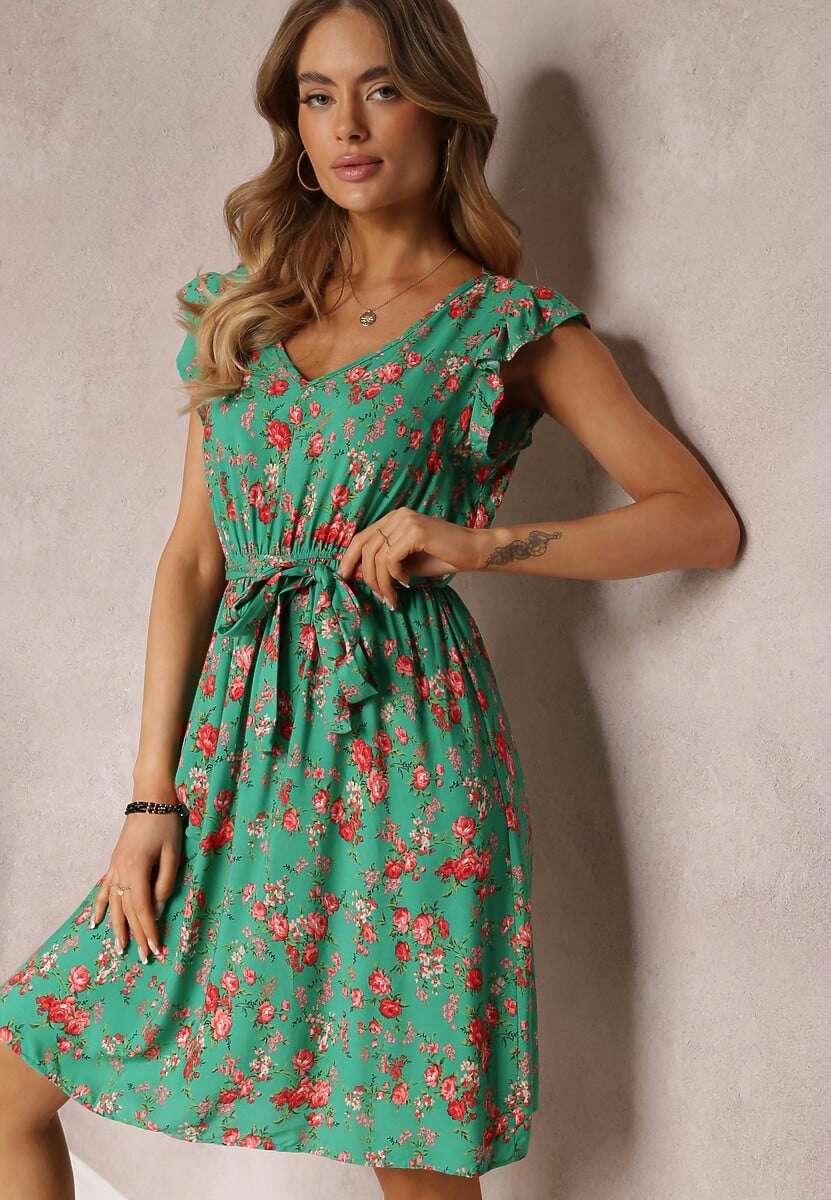 Niebieska Sukienka Mini z Wiskozy z Gumką w Talii Farlock