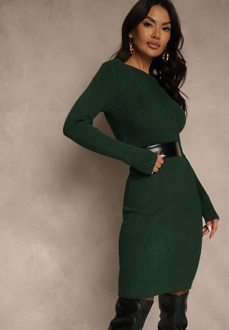 Ciemnozielona Prążkowana Sukienka z Dzianiny z Bawełną o Dopasowanym Kroju Tesoria