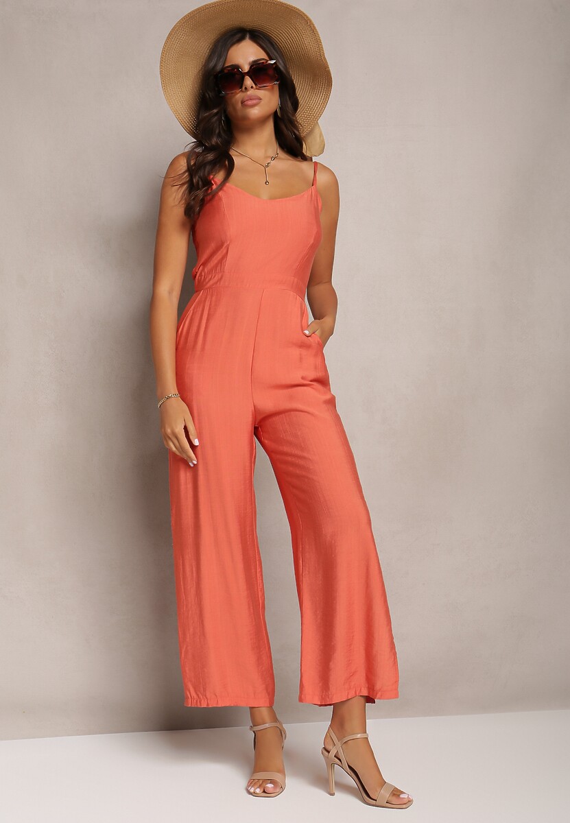 Pomarańczowy Długi Kombinezon z Szerokimi Nogawkami na Cienkich Ramiączkach Jemanne