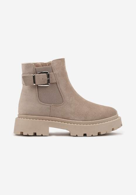 Ciemnobeżowe Botki na Płaskiej Podeszwie z Metaliczną Klamrą Tarlana