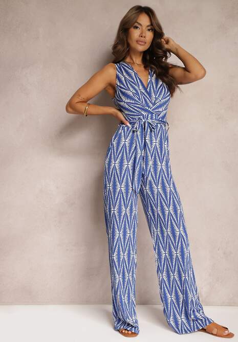 Niebieski Kombinezon Bez Rękawów z Długimi Nogawkami i Paskiem w Talii Vimalizas