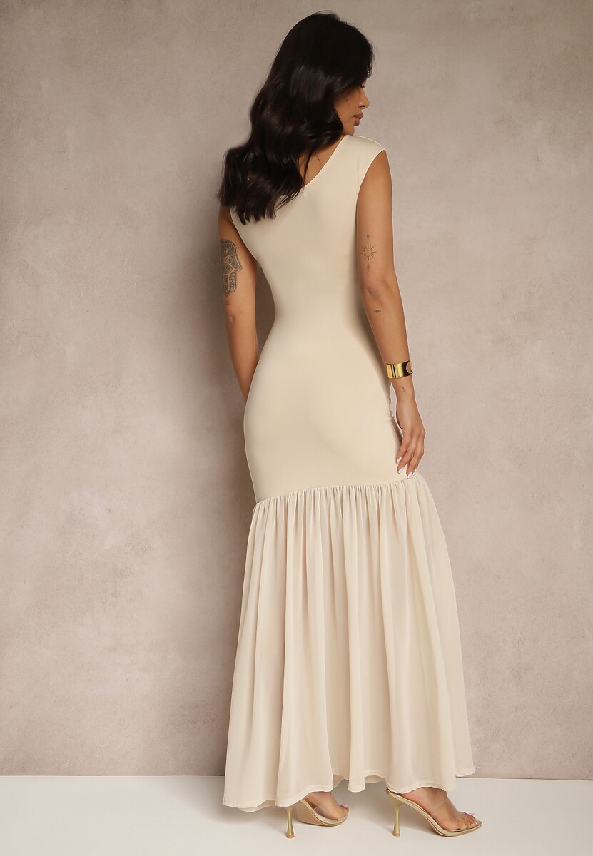 Beżowa Sukienka Koktajlowa z Wiskozą i Marszczeniem Galoriella