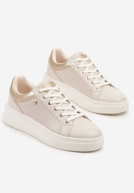 Jasnobeżowe Sneakersy Typu Tenisówki z Ozdobną Perforacją Mariselia