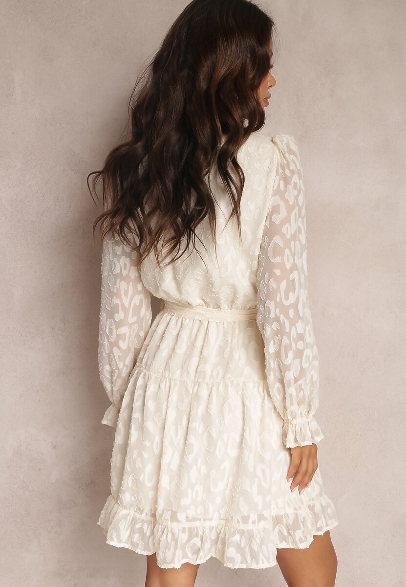 Beżowa Sukienka Koronkowa Wiązana w Pasie Crella