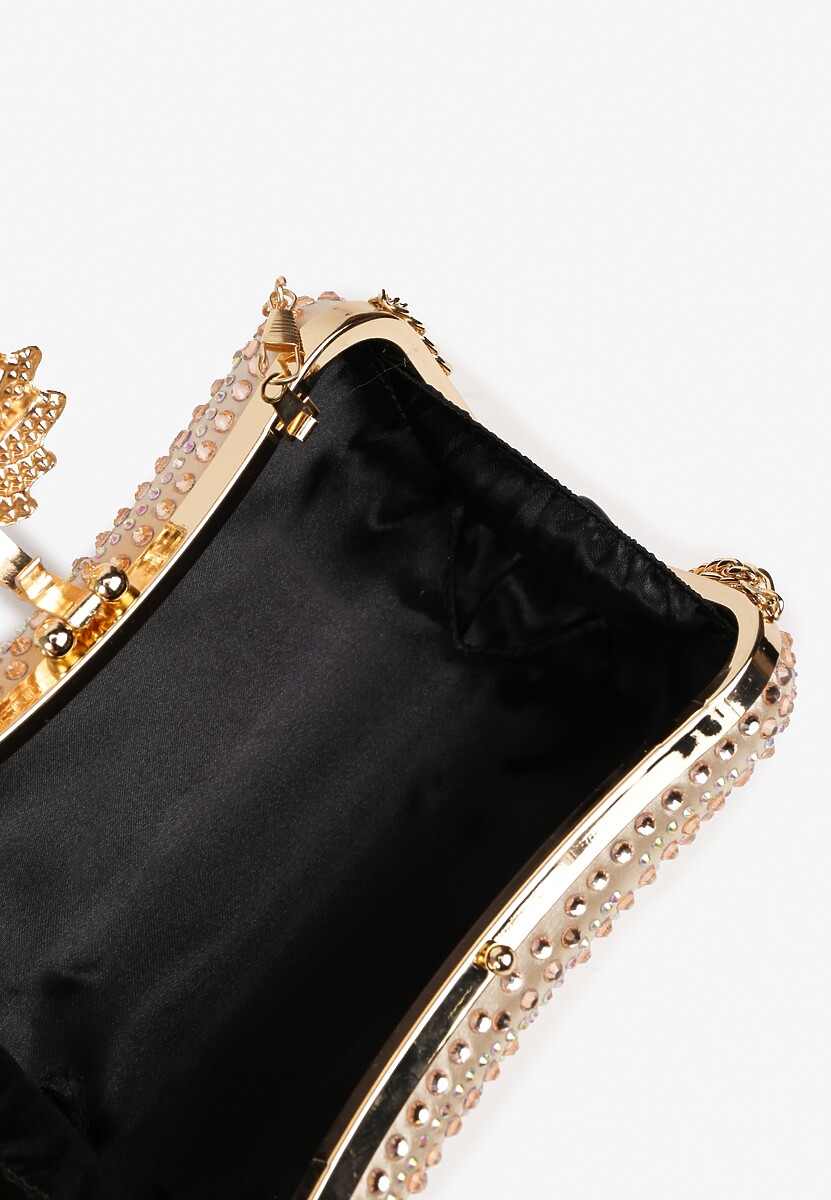 Złota Torebka Kopertówka z Łańcuszkiem Zdobiona Cyrkoniami i Kwiatową Aplikacją Fessaluna