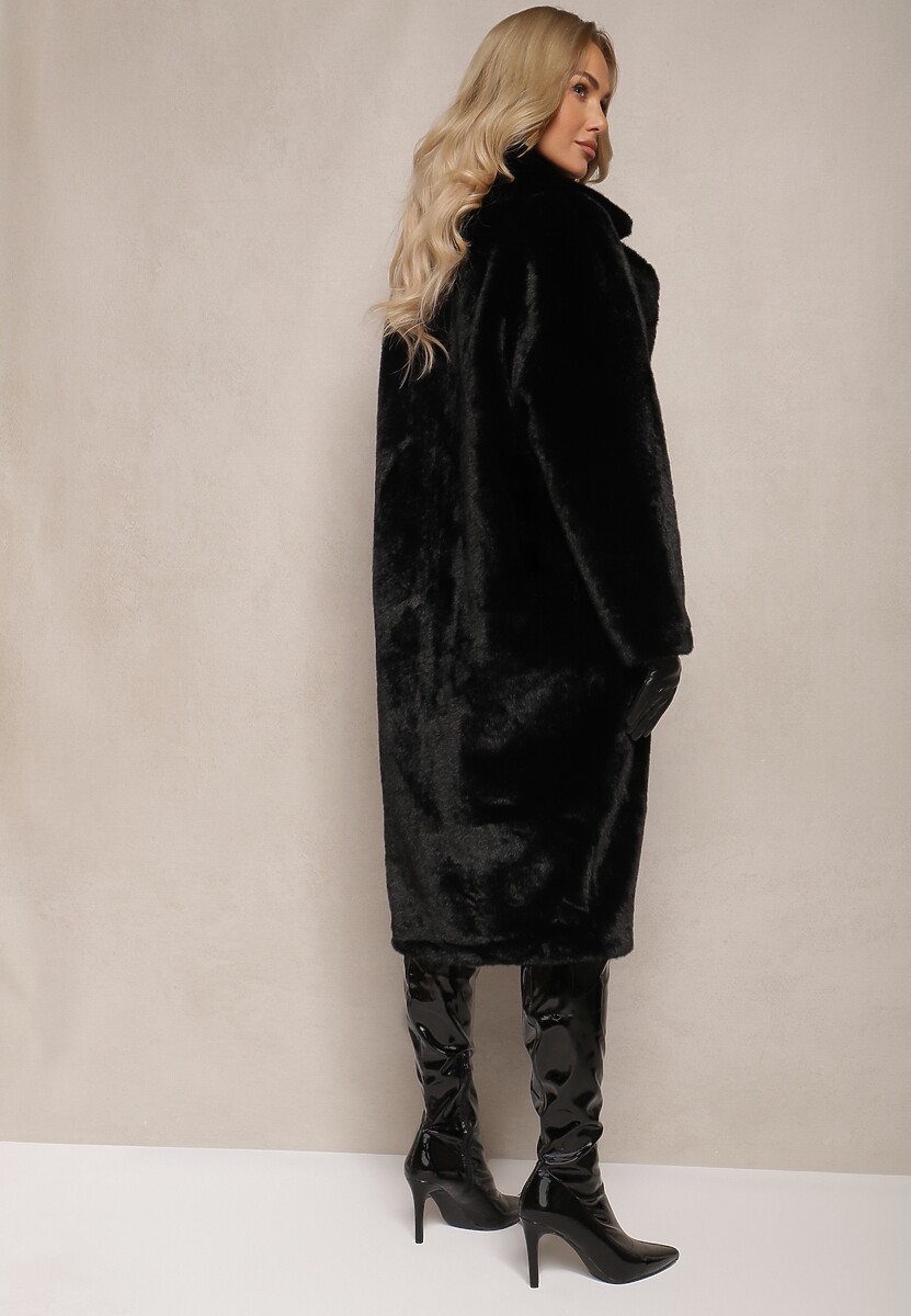 Czarny Płaszcz z Futra z Zapięciem na Guziki i Wsuwanymi Kieszeniami Paritha