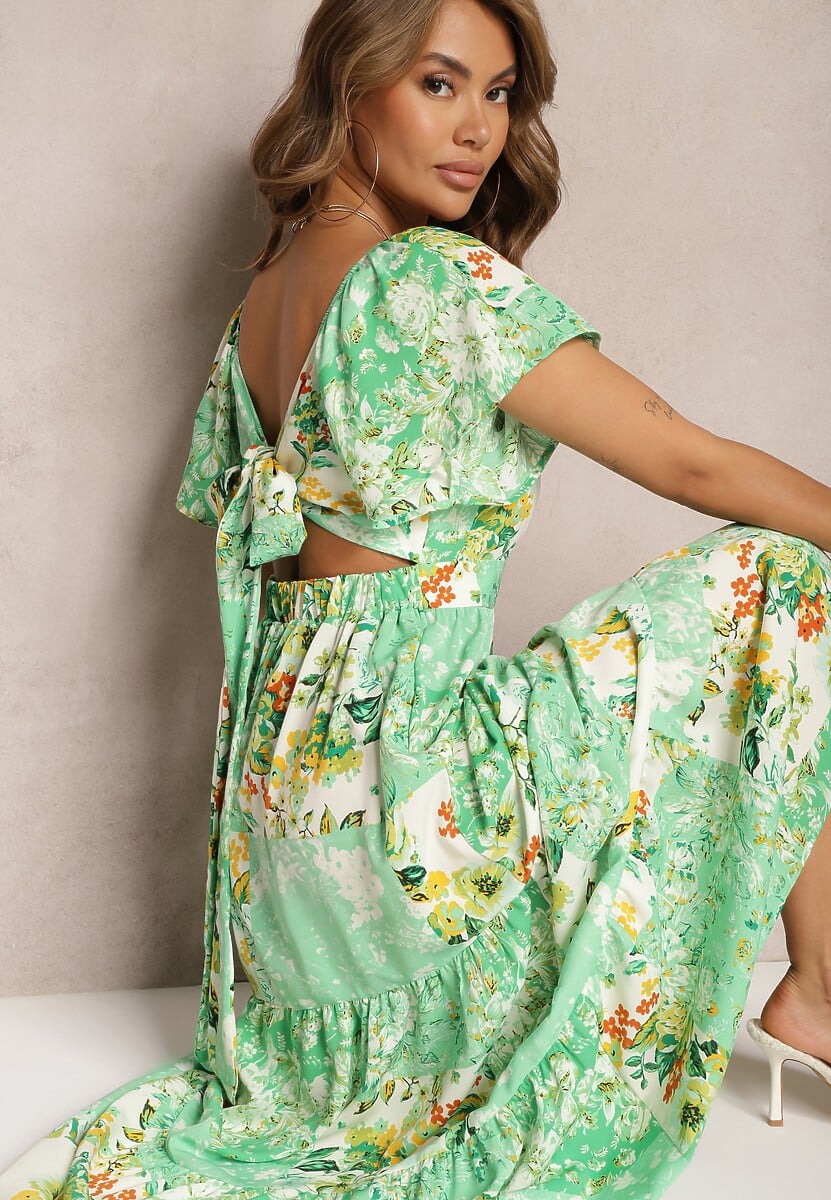 Zielona Sukienka Wiązana na Plecach z Falbanką i Gumką w Pasie Dimille
