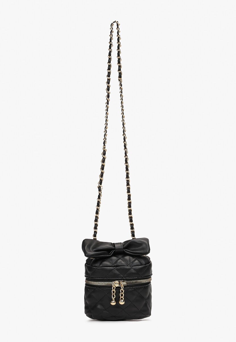 Czarna Kwadratowa Pikowana Torebka z Ozdobną Kokardą i Suwakami Vianefa