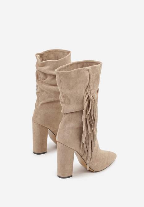 Ciemnobeżowe Botki Kowbojki na Słupku z Frędzlami Reisetia