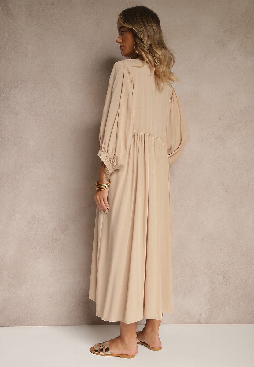 Beżowa Wiskozowa Sukienka o Rozkloszowanym Kroju Wiązana przy Dekolcie Tilvessa
